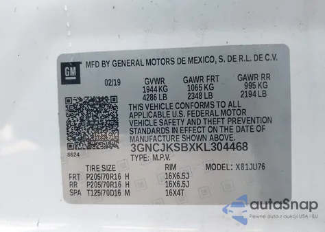2019 Chevrolet Trax Ls z USA, uszkodzony, nr VIN 3GNCJKSBXKL304468